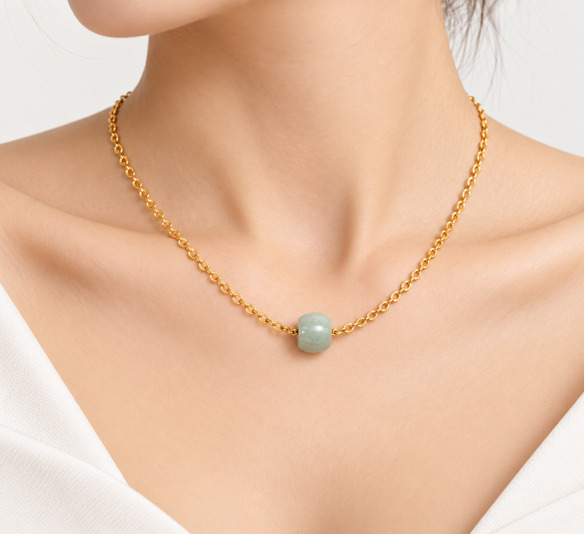 A Grade Jade Barrel Single With Stainless Steel Chain Necklace