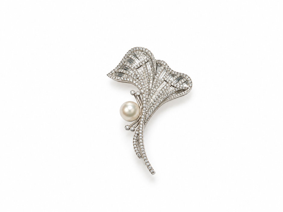 Fresh Water Pearl Zircon Gingko Leaf Brooch