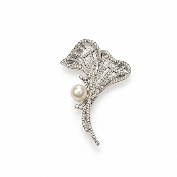 Fresh Water Pearl Zircon Gingko Leaf Brooch
