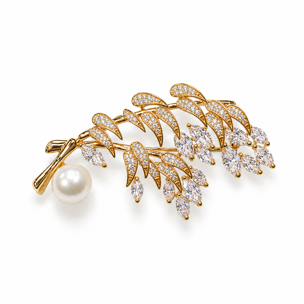 Fresh Water Pearl Zircon Bamboo Leaf Brooch