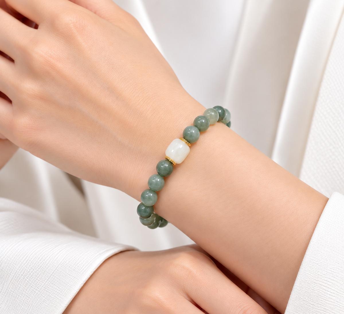 A Grade Green Jade With Nephrite Jade Separator Bracelet