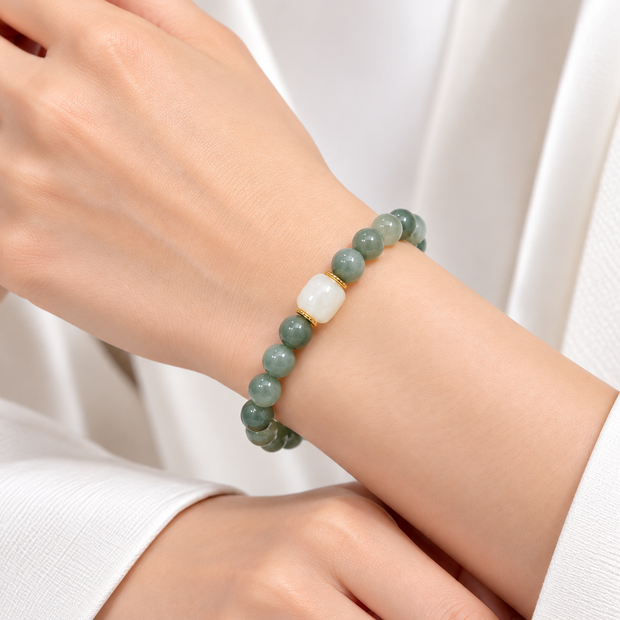 A Grade Green Jade With Nephrite Jade Separator Bracelet