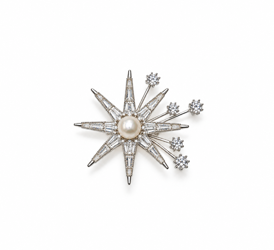 Fresh Water Pearl Zircon Snowflake Brooch