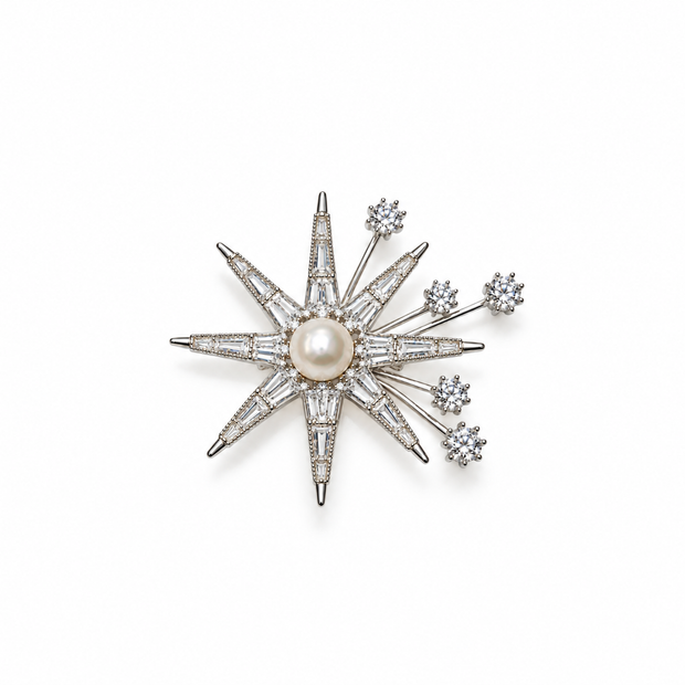 Fresh Water Pearl Zircon Snowflake Brooch