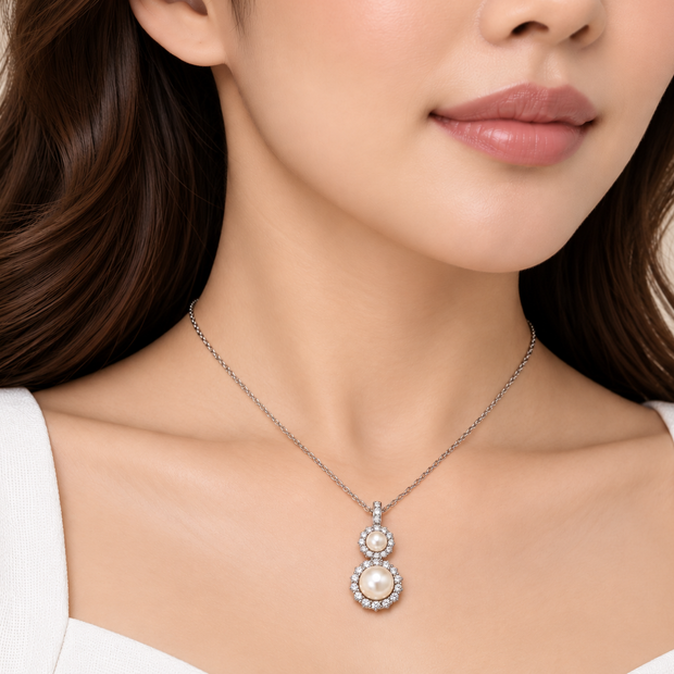 Fresh Water Pearl Double Zirconia Alloy Pendant With Stainless Steel Chain Necklace