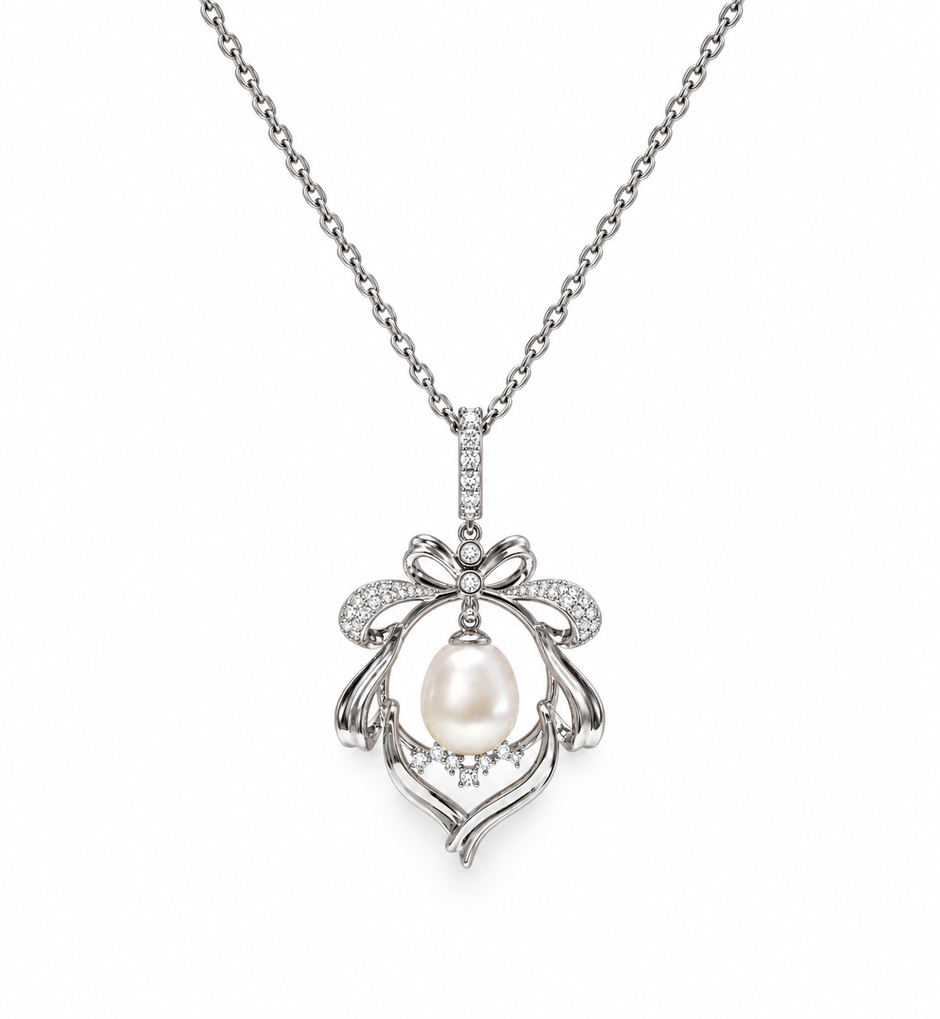 Fresh Water Pearl Zirconia Bow Pendant With Stainless Steel Chain Necklace