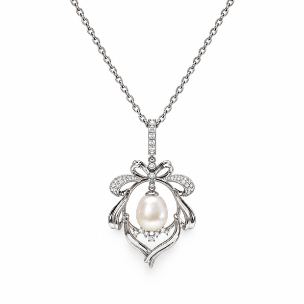 Fresh Water Pearl Zirconia Bow Pendant With Stainless Steel Chain Necklace