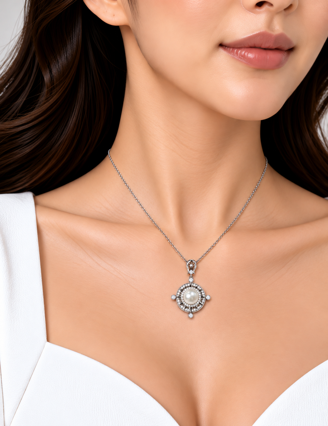 Fresh Water Pearl Zirconia Starburst Rotate Pendant With Stainless Steel Chain Necklace