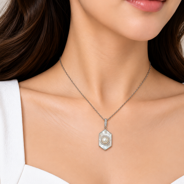 Fresh Water Pearl Zirconia Iridescent Pearl Hexagon Pendant With Stainless Steel Chain Necklace
