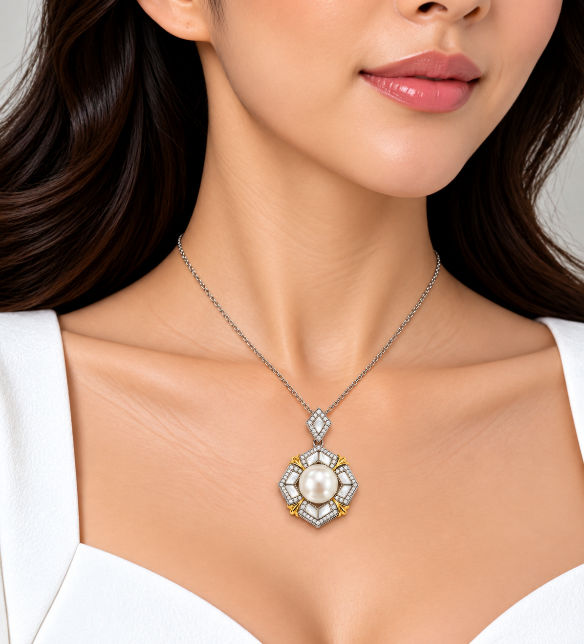 Fresh Water Pearl Zirconia Hexagonal With Mother Of Pearl Alloy Pendant With Stainless Steel Chain Necklace