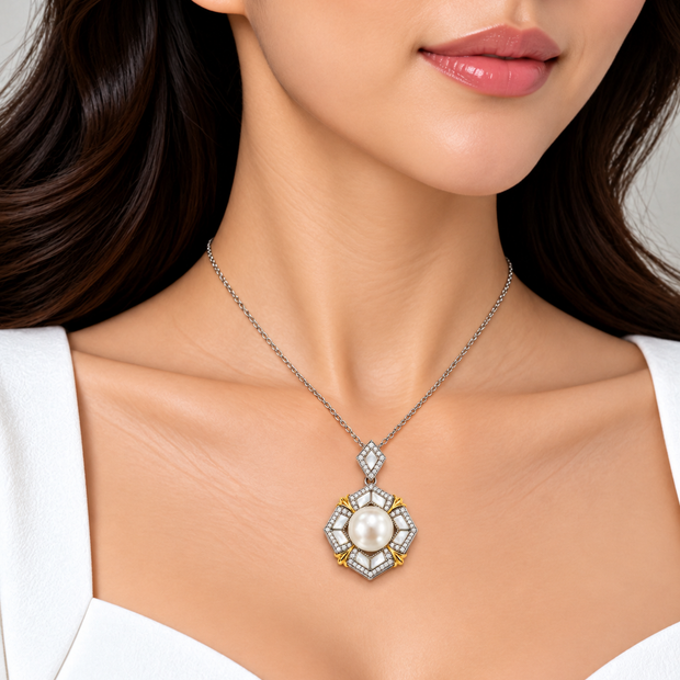 Fresh Water Pearl Zirconia Hexagonal With Mother Of Pearl Alloy Pendant With Stainless Steel Chain Necklace