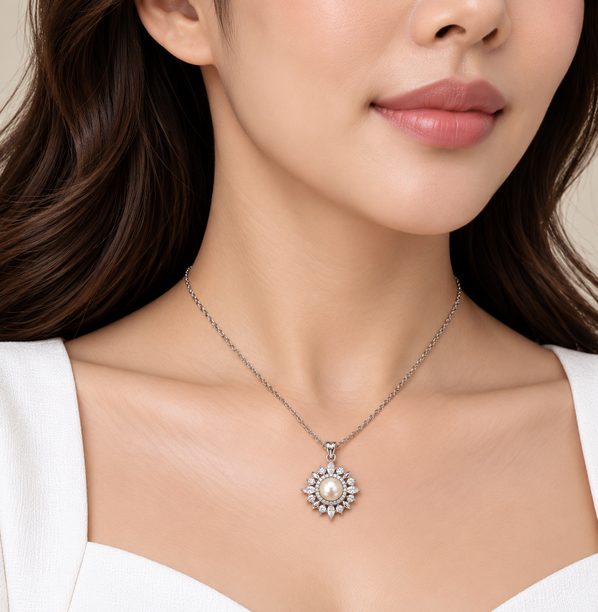 Fresh Water Pearl Starburst Zirconia Alloy Pendant With Stainless Steel Chain Necklace
