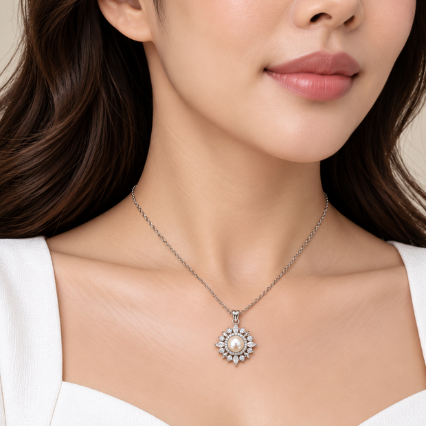 Fresh Water Pearl Starburst Zirconia Alloy Pendant With Stainless Steel Chain Necklace