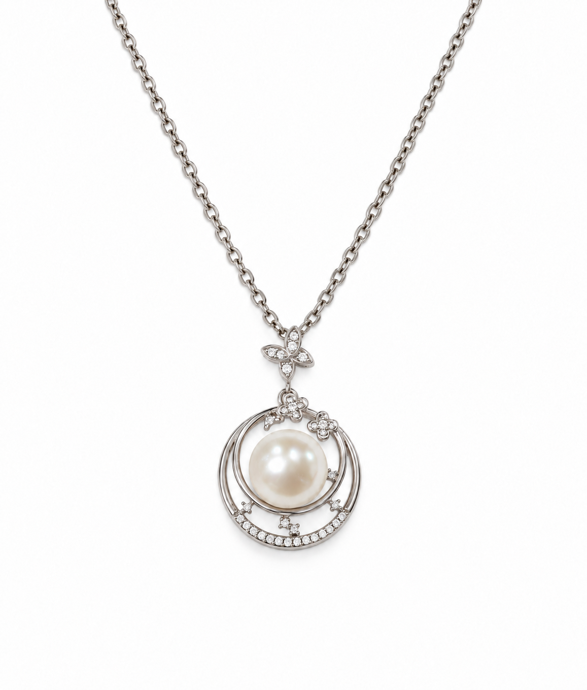 Fresh Water Pearl Zirconia Halo Round Pendant With Stainless Steel Chain Necklace