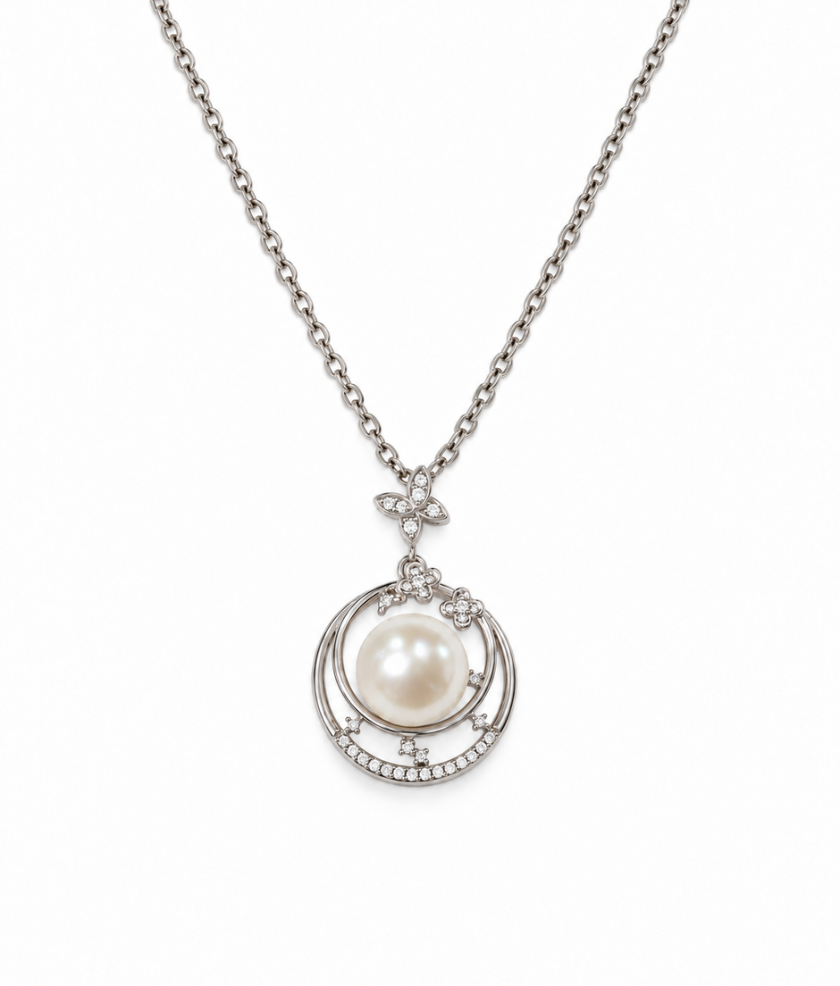 Fresh Water Pearl Zirconia Halo Round Pendant With Stainless Steel Chain Necklace