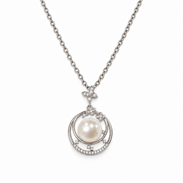 Fresh Water Pearl Zirconia Halo Round Pendant With Stainless Steel Chain Necklace