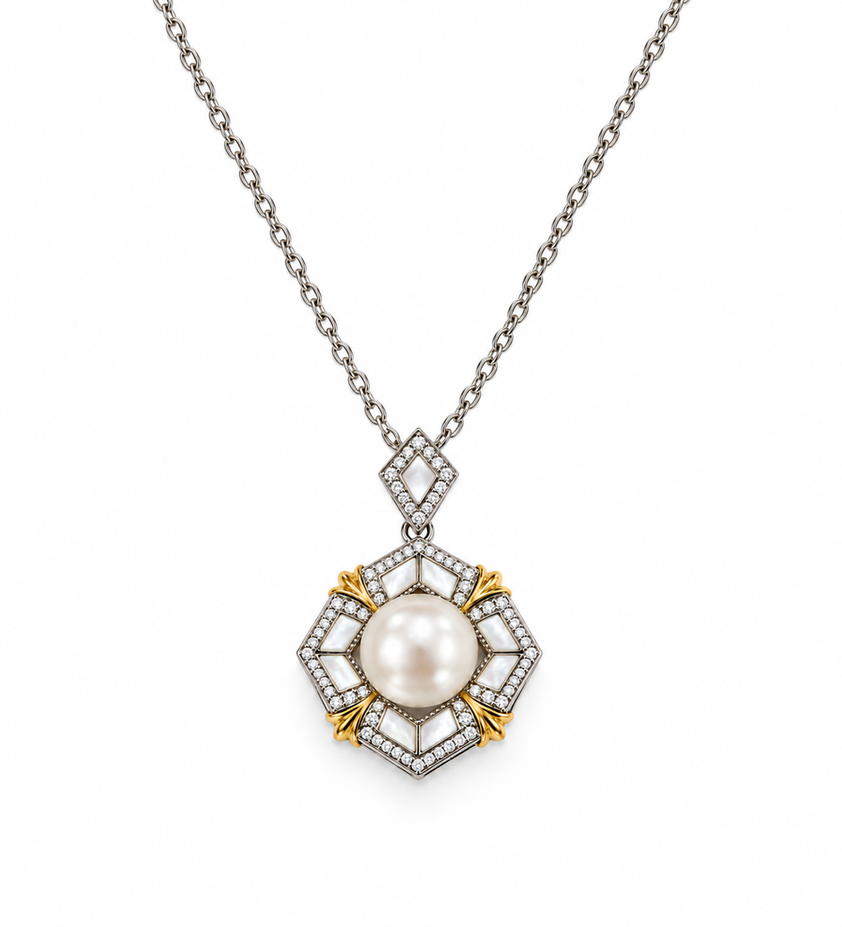 Fresh Water Pearl Zirconia Hexagonal With Mother Of Pearl Alloy Pendant With Stainless Steel Chain Necklace