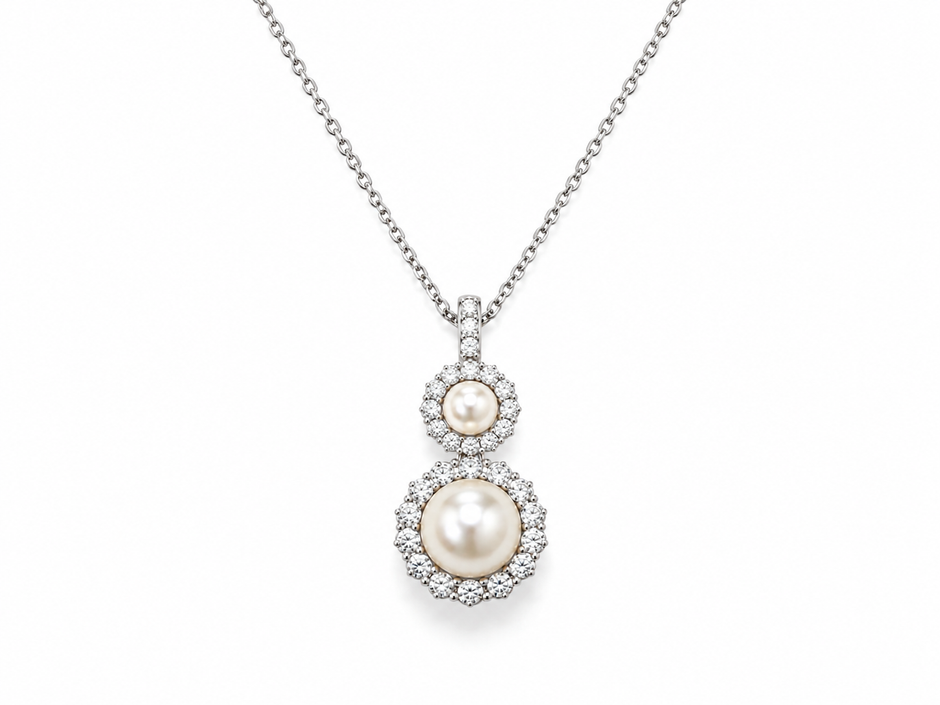 Fresh Water Pearl Double Zirconia Alloy Pendant With Stainless Steel Chain Necklace