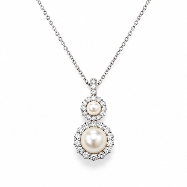 Fresh Water Pearl Double Zirconia Alloy Pendant With Stainless Steel Chain Necklace