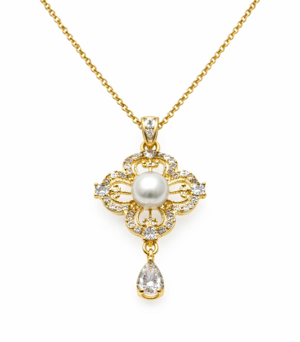 Fresh Water Pearl Zirconia Clover Pendant With Stainless Steel Chain Necklace