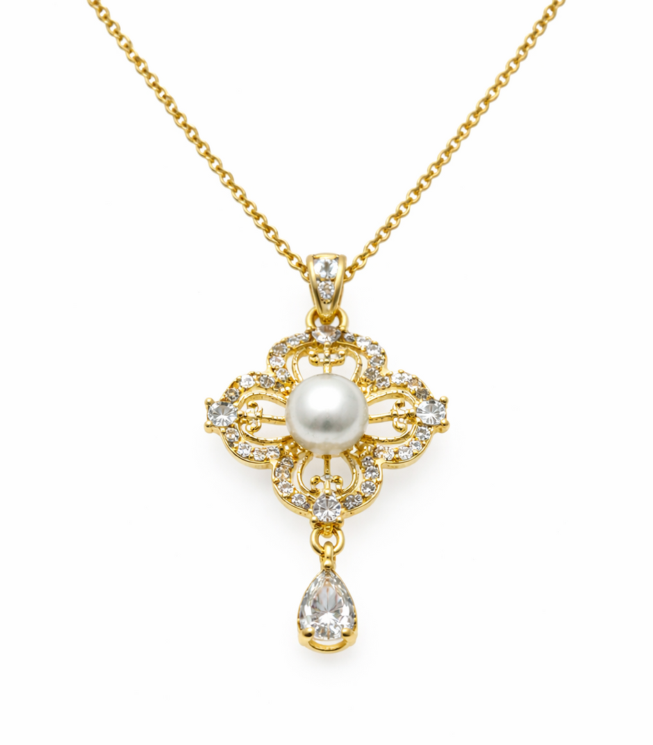 Fresh Water Pearl Zirconia Clover Pendant With Stainless Steel Chain Necklace