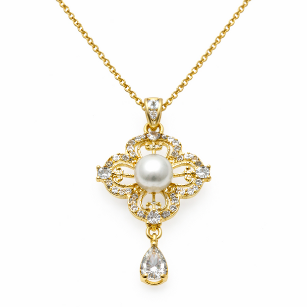 Fresh Water Pearl Zirconia Clover Pendant With Stainless Steel Chain Necklace