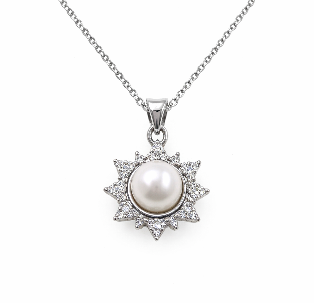 Fresh Water Pearl Zirconia Snowflake Pendant With Stainless Steel Chain Necklace