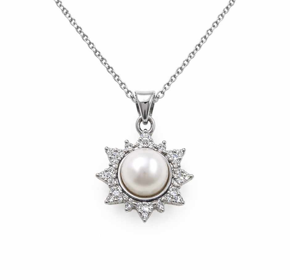 Fresh Water Pearl Zirconia Snowflake Pendant With Stainless Steel Chain Necklace