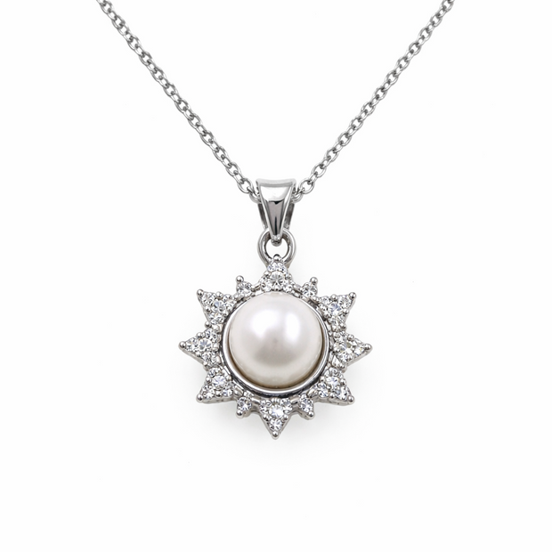 Fresh Water Pearl Zirconia Snowflake Pendant With Stainless Steel Chain Necklace
