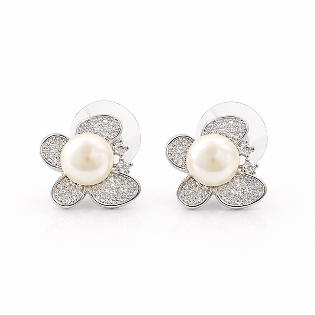 Fresh Water pearl 7-7.5mm butterfly zinc alloy earring 12.5x15mm