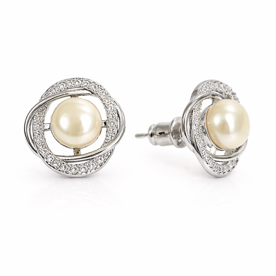 Fresh water pearl 7-7.5mm orbit  with zirconia zinc alloy earring 14.5x16mm