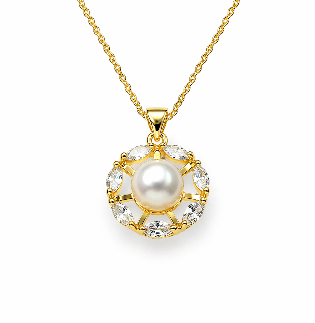 Fresh Water Pearl Zirconia Marquise Wreath Pendant With Stainless Steel Chain Necklace