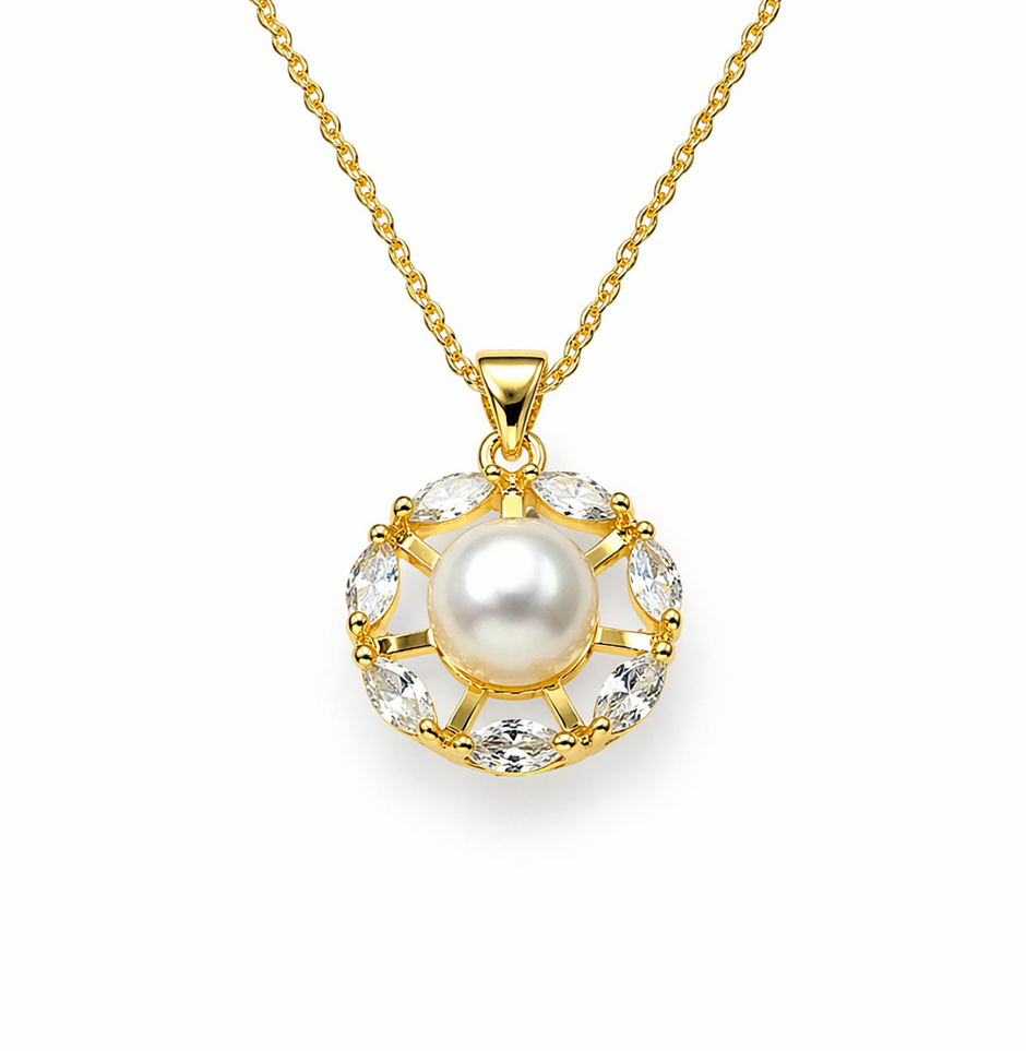 Fresh Water Pearl Zirconia Marquise Wreath Pendant With Stainless Steel Chain Necklace