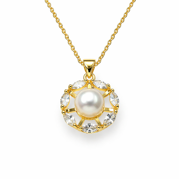 Fresh Water Pearl Zirconia Marquise Wreath Pendant With Stainless Steel Chain Necklace