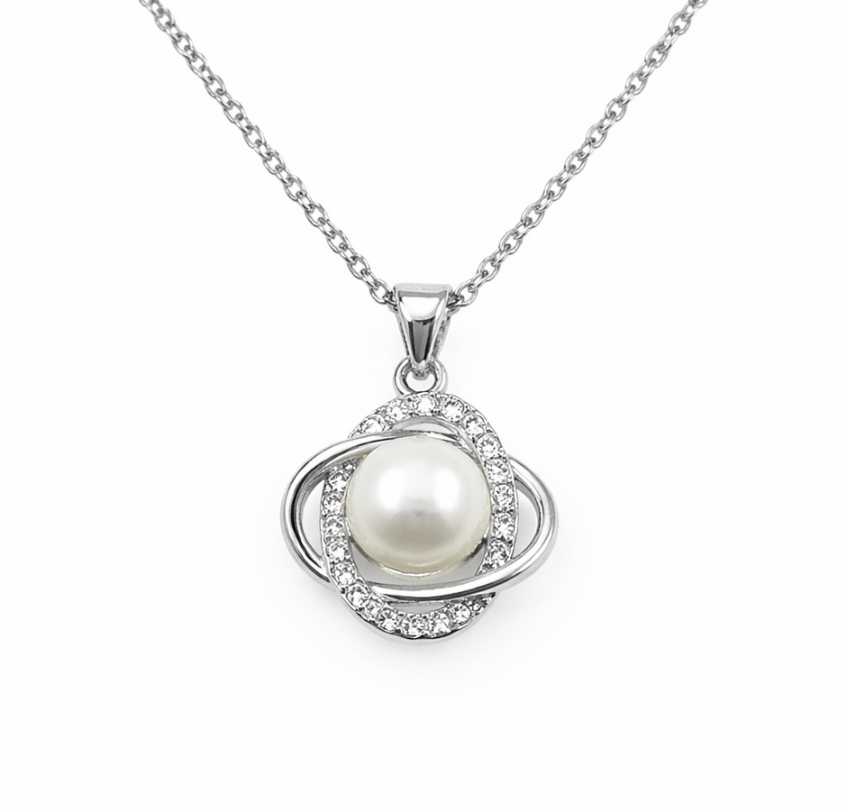 Fresh Water Pearl Zirconia Orbit Pendant With Stainless Steel Chain Necklace