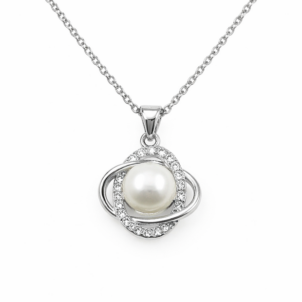 Fresh Water Pearl Zirconia Orbit Pendant With Stainless Steel Chain Necklace