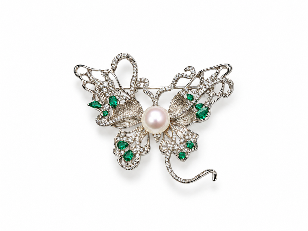 Fresh Water Pearl Zircon Butterfly Brooch