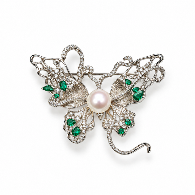 Fresh Water Pearl Zircon Butterfly Brooch