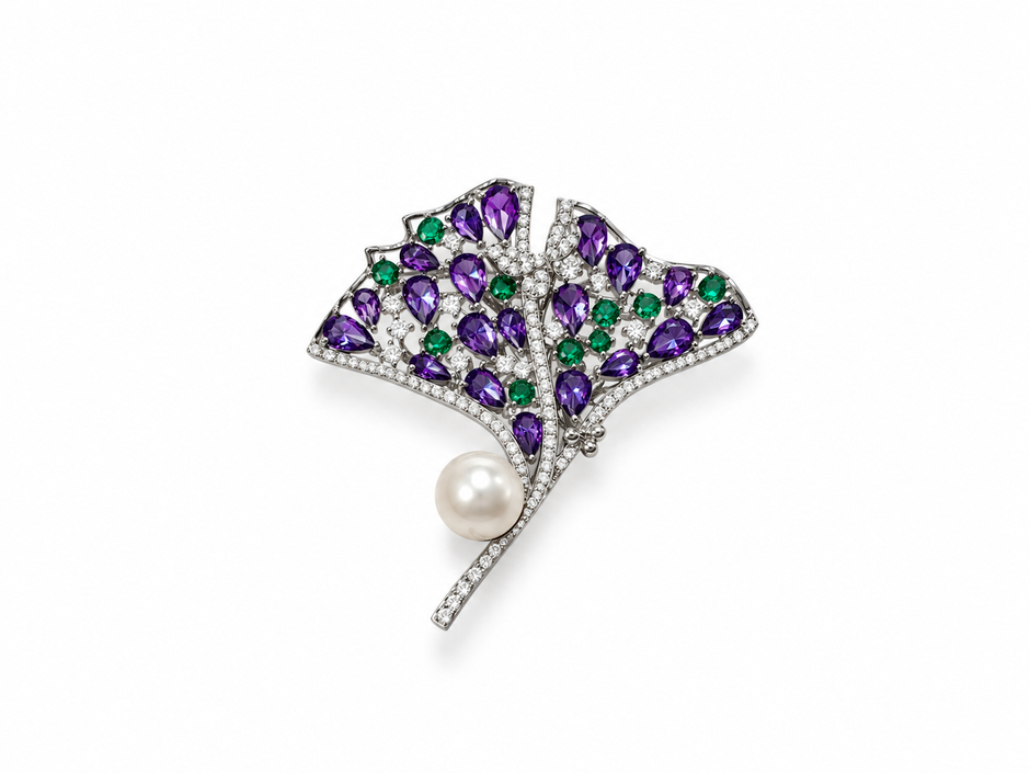 Fresh Water Pearl Purple And Green Zircon Gingko Leaf Brooch