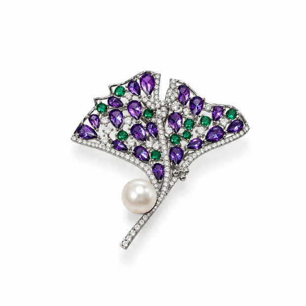 Fresh Water Pearl Purple And Green Zircon Gingko Leaf Brooch