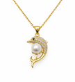Fresh Water Pearl Zirconia Dolphin Pendant With Stainless Steel Chain Necklace