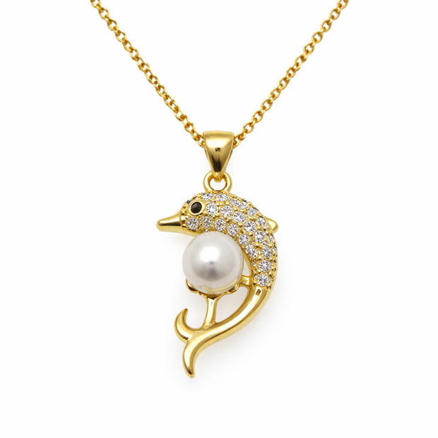Fresh Water Pearl Zirconia Dolphin Pendant With Stainless Steel Chain Necklace