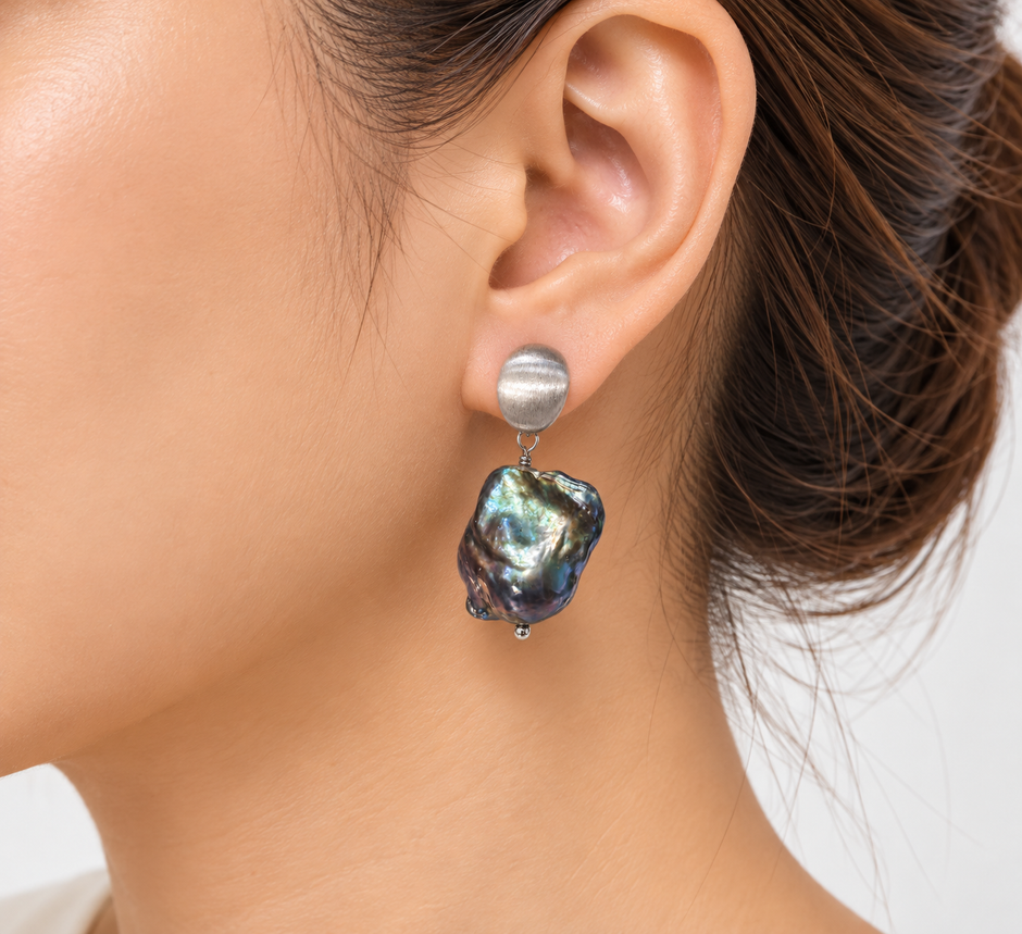 Fresh Water Pearl Baroque Dyed Enhanced Black Alloy Matt Earring