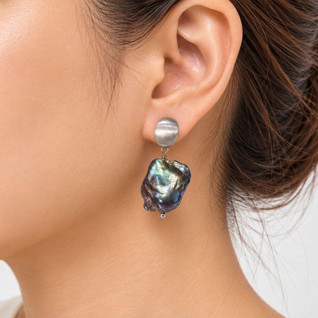 Fresh Water Pearl Baroque Dyed Enhanced Black Alloy Matt Earring