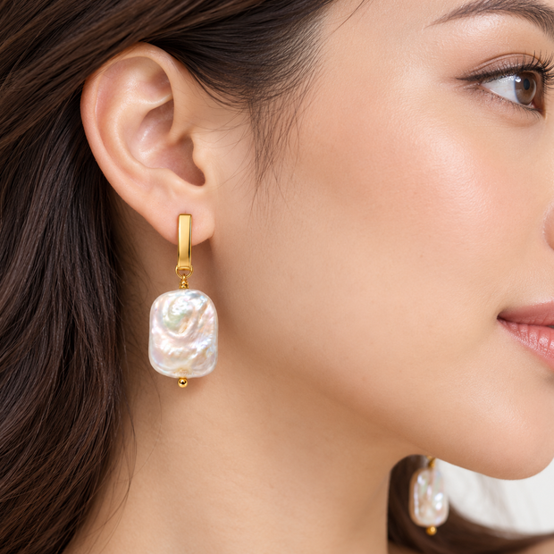 Fresh Water Flat Keshi Pearl Alloy Bar Earring