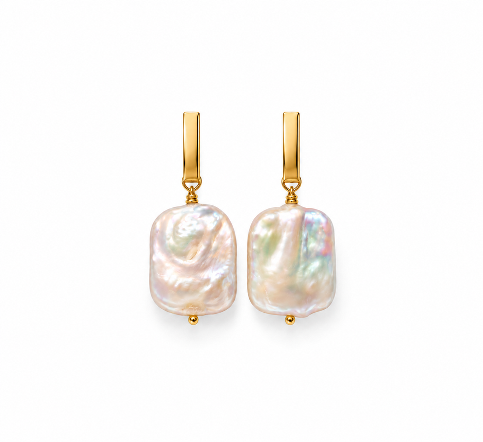 Fresh Water Flat Keshi Pearl Alloy Bar Earring