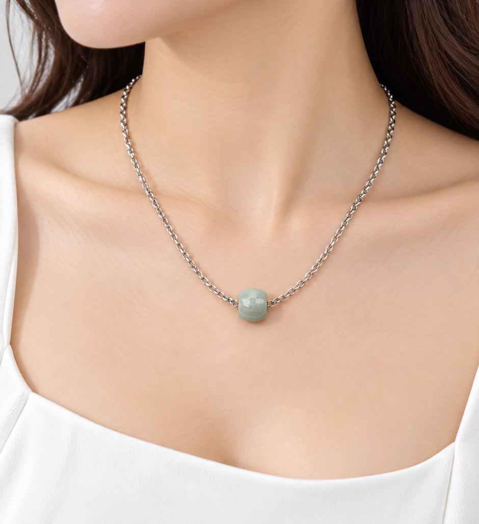 A Grade Jade Barrel Single With Stainless Steel Chain Necklace