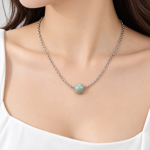 A Grade Jade Barrel Single With Stainless Steel Chain Necklace