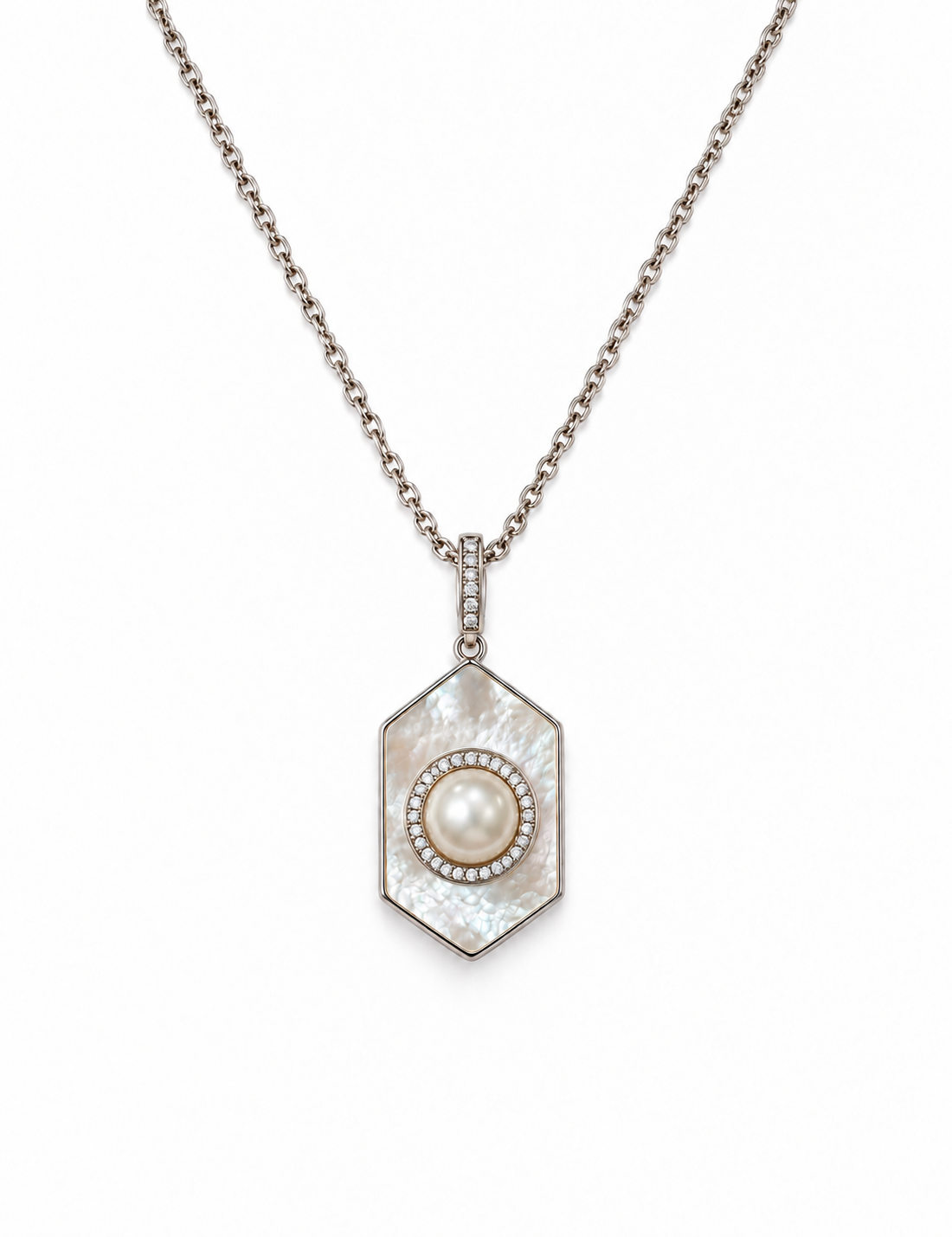 Fresh Water Pearl Zirconia Iridescent Pearl Hexagon Pendant With Stainless Steel Chain Necklace