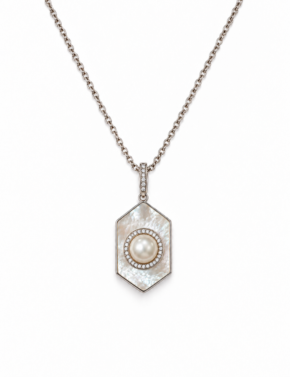 Fresh Water Pearl Zirconia Iridescent Pearl Hexagon Pendant With Stainless Steel Chain Necklace